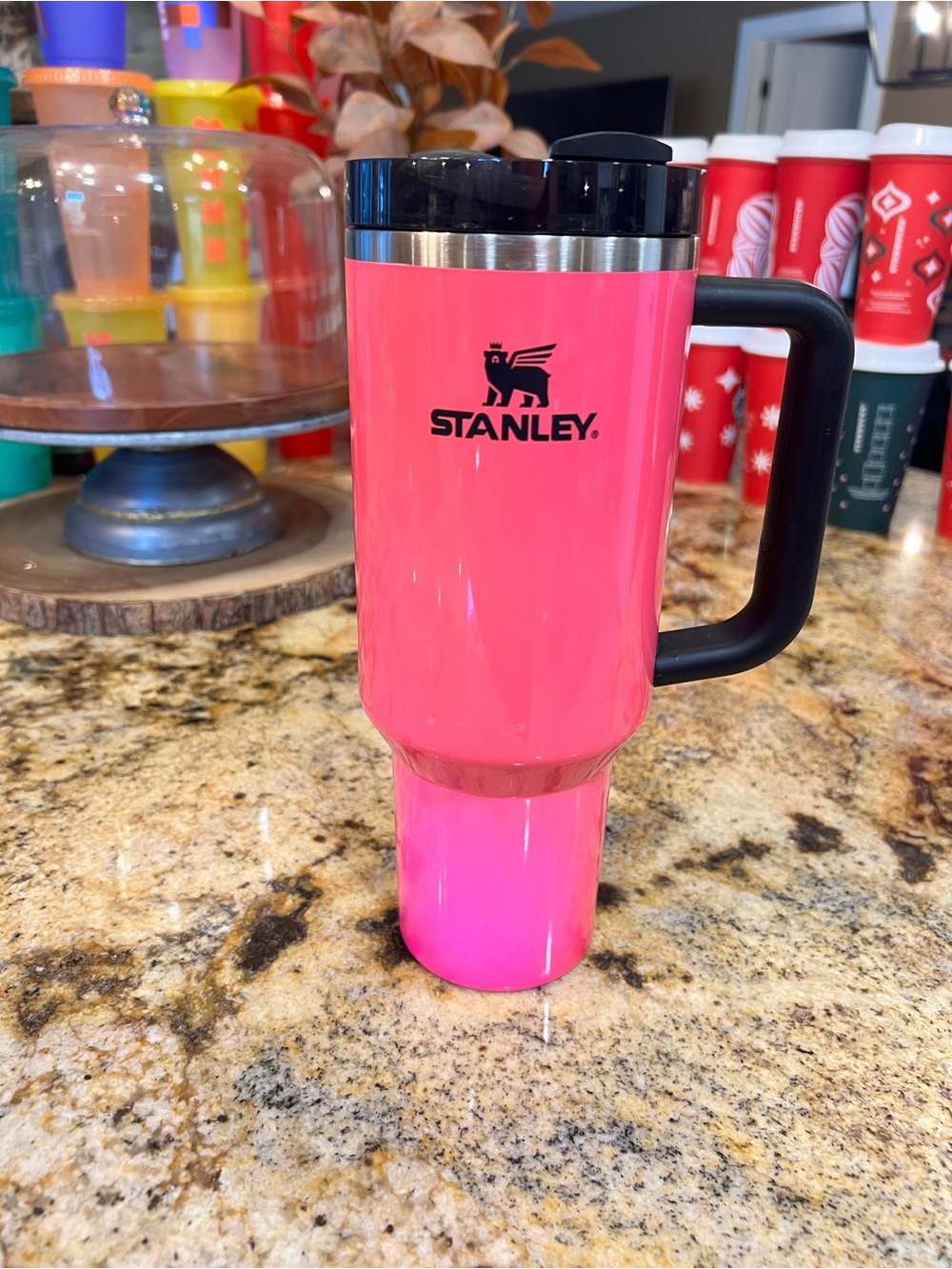Stanley Hot Pink Travel Tumbler with Black Handle